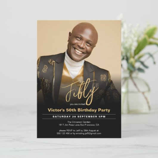 50e verjaardag zwart goud minimale moderne foto kaart (Staand voorkant)