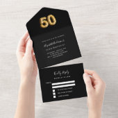 50e verjaardag zwart goud RSVP All In One Uitnodiging (Afscheurbaar)