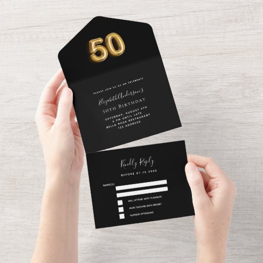 50e verjaardag zwart goud RSVP All In One Uitnodiging (Afscheurbaar)