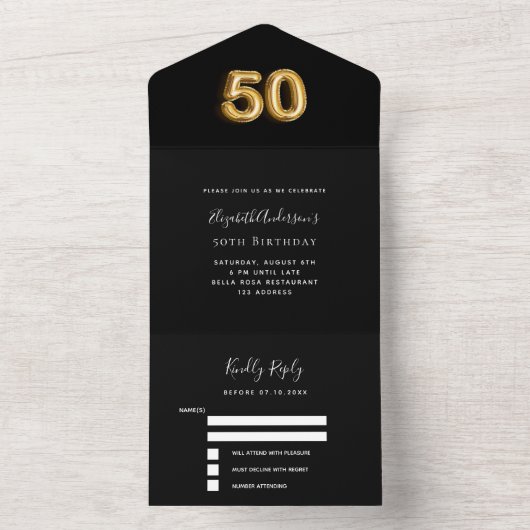 50e verjaardag zwart goud RSVP All In One Uitnodiging (Binnen)