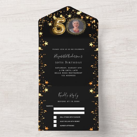 50e verjaardag zwart goud sterren foto RSVP All In One Uitnodiging (Binnen)