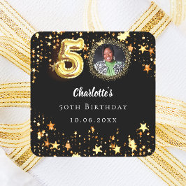 50e verjaardag zwart goud sterren foto vierkante sticker