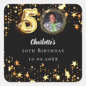 50e verjaardag zwart goud sterren foto vierkante sticker (Voorkant)