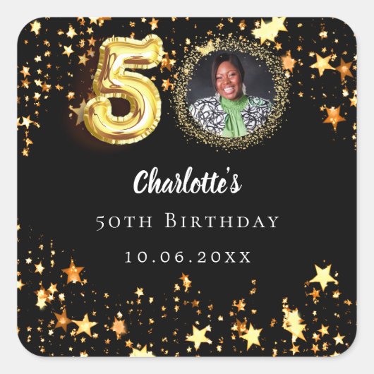 50e verjaardag zwart goud sterren foto vierkante sticker (Voorkant)