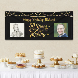 50e Verjaardag Zwart Goud String Licht Foto's Spandoek