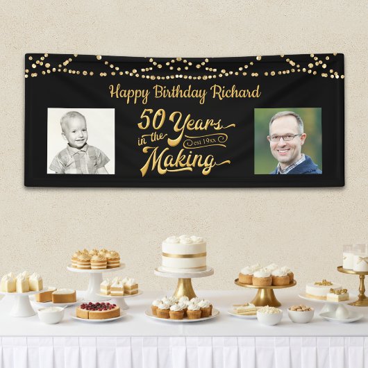 50e Verjaardag Zwart Goud String Licht Foto's Spandoek