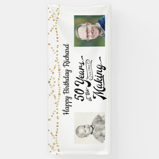 50e verjaardag Zwart Goud String Lights Foto's Ban Spandoek (Verticaal)