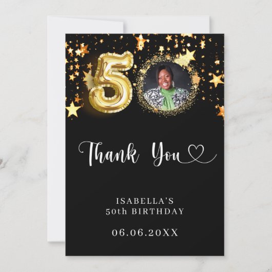 50e verjaardag zwart gouden sterren foto bedankkaart (Voorkant)