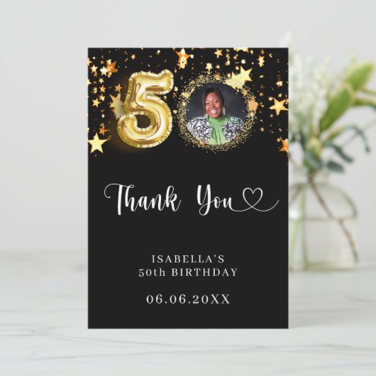 50e verjaardag zwart gouden sterren foto bedankkaart (Staand voorkant)