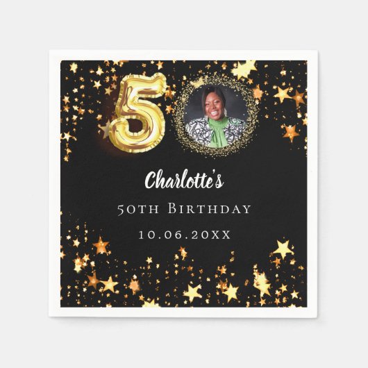 50e verjaardag zwart gouden sterren foto servet (Voorkant)