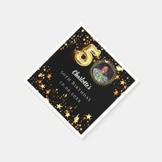 50e verjaardag zwart gouden sterren foto servet (Hoek)