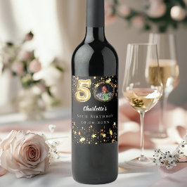 50e verjaardag zwart gouden sterren foto wijn etiket