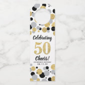 50e Verjaardag Zwart Grijs Goud Glitter Confetti Flessenhanger (Voorkant)