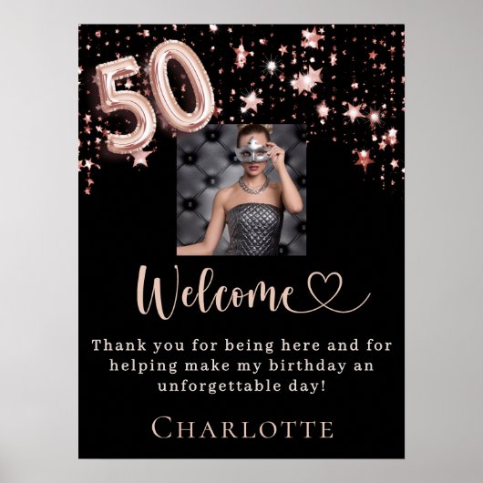 50e verjaardag zwart roos goud foto sterren welkom poster (Voorkant)