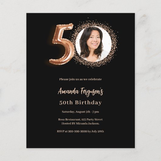 50e verjaardag zwart roos gouden fotouitnodiging (Voorkant)