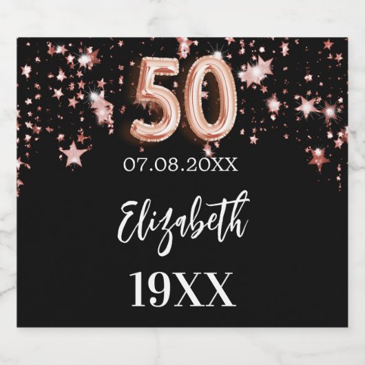50e verjaardag zwart roos gouden sterren sparkling wijnetiket (Enkel label)