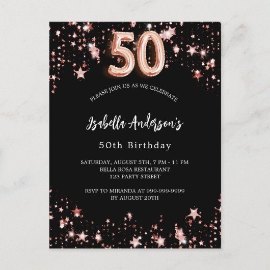 50e verjaardag zwart roos gouden sterren uitnodiging briefkaart (Voorkant)