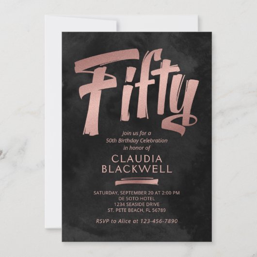 50e verjaardag zwart Roos gouden uitnodiging (Voorkant)