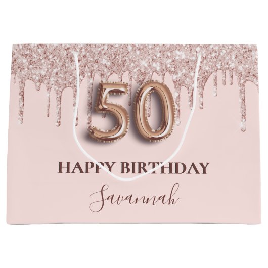 50e verjaardag zwart roze glitter druppelt roos go groot cadeauzakje (Voorkant)