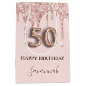 50e verjaardag zwart roze glitter druppelt roos go medium cadeauzakje (Voorkant)
