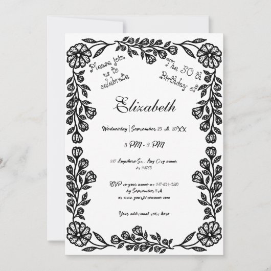 50e verjaardag zwart-wit botanische bloem kaart (Voorkant)