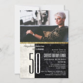 50e verjaardag, zwart-wit marmeren foto magnetische uitnodiging (Voorkant)