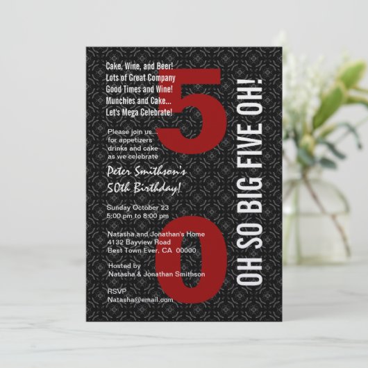 50e verjaardag zwart wit rood BIG VIJF OH! W1489 Kaart (Staand voorkant)