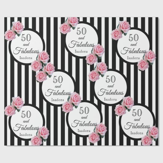 50e verjaardag zwart witte strepen roze bloemen cadeaupapier (Vlak)