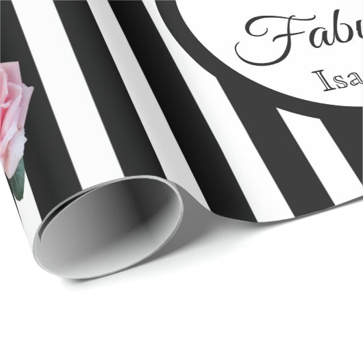 50e verjaardag zwart witte strepen roze bloemen cadeaupapier (Rol Hoek)