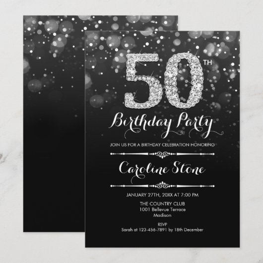 50e verjaardag - Zwart Zilver Kaart (Voorkant / Achterkant)