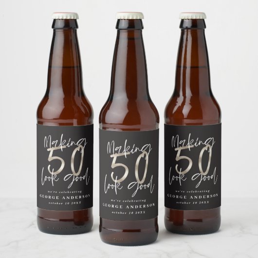50e verjaardag zwart zilver modern elegant wijnlab bier etiket (Flessen)