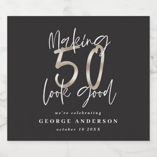 50e verjaardag zwart zilver modern elegant wijnlab bier etiket (Enkel label)