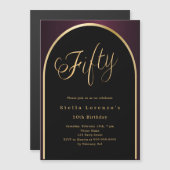 50e verjaardag zwarte Bourgondische gouden boog lu Magnetische Uitnodiging (Voorkant / Achterkant)