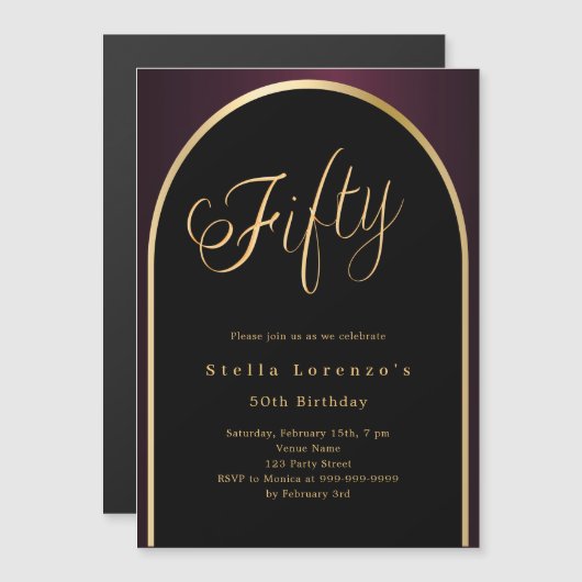 50e verjaardag zwarte Bourgondische gouden boog lu Magnetische Uitnodiging (Voorkant / Achterkant)