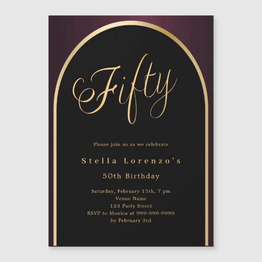 50e verjaardag zwarte Bourgondische gouden boog lu Magnetische Uitnodiging (Voorkant)