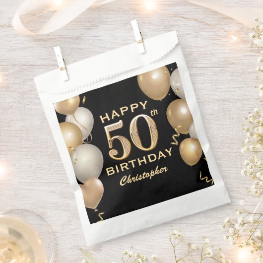 50e verjaardag Zwarte en gouden ballonnen Bedankzakje (Geknipt)