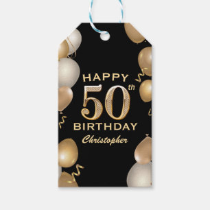 50e verjaardag Zwarte en gouden ballonnen Cadeaulabel