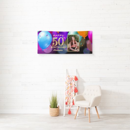 50e verjaardag Zwarte en gouden ballonnen Foto Spandoek (Insitu)