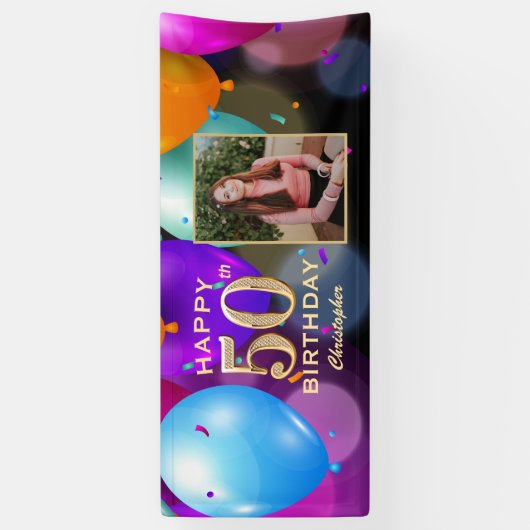 50e verjaardag Zwarte en gouden ballonnen Foto Spandoek (Verticaal)