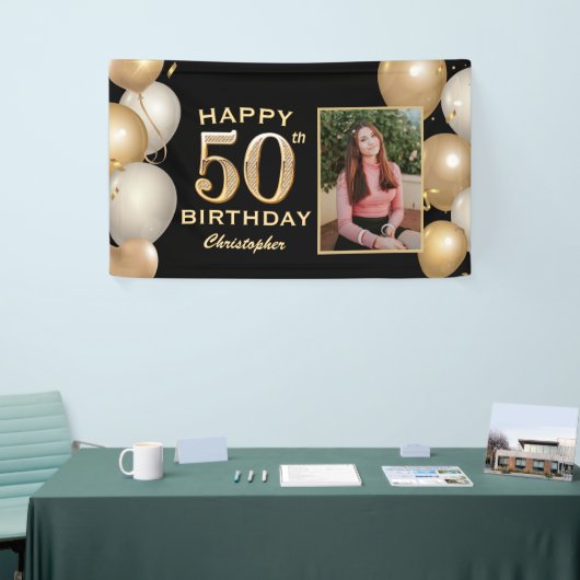 50e verjaardag Zwarte en gouden ballonnen Foto Spandoek (Beurs)