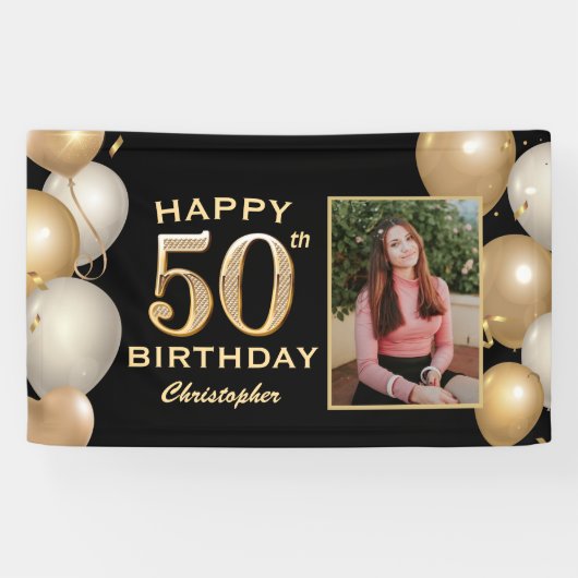 50e verjaardag Zwarte en gouden ballonnen Foto Spandoek (Horizontaal)