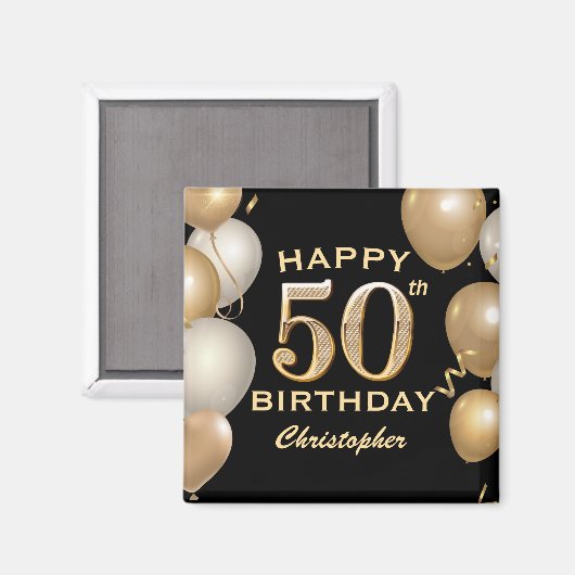 50e verjaardag Zwarte en gouden ballonnen Magneet (Voorkant / Achterkant)