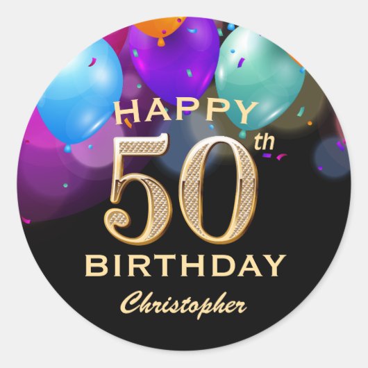 50e verjaardag Zwarte en gouden ballonnen Ronde Sticker (Voorkant)
