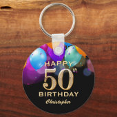 50e verjaardag Zwarte en gouden ballonnen Sleutelhanger (Voorkant)