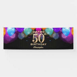 50e verjaardag Zwarte en gouden ballonnen Spandoek