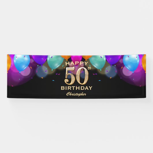 50e verjaardag Zwarte en gouden ballonnen Spandoek (Horizontaal)