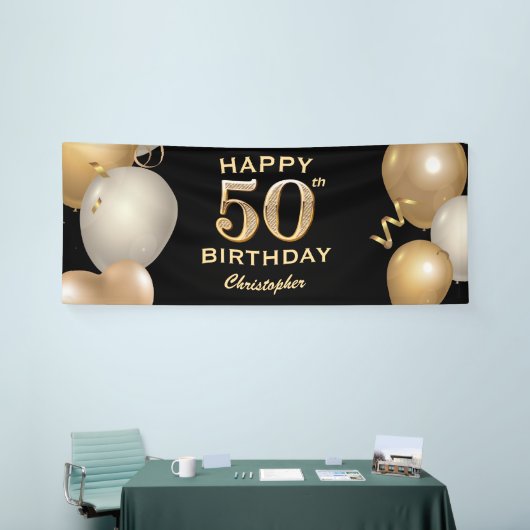 50e verjaardag Zwarte en gouden ballonnen Spandoek (Beurs)