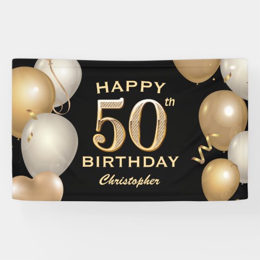 50e verjaardag Zwarte en gouden ballonnen Spandoek (Horizontaal)