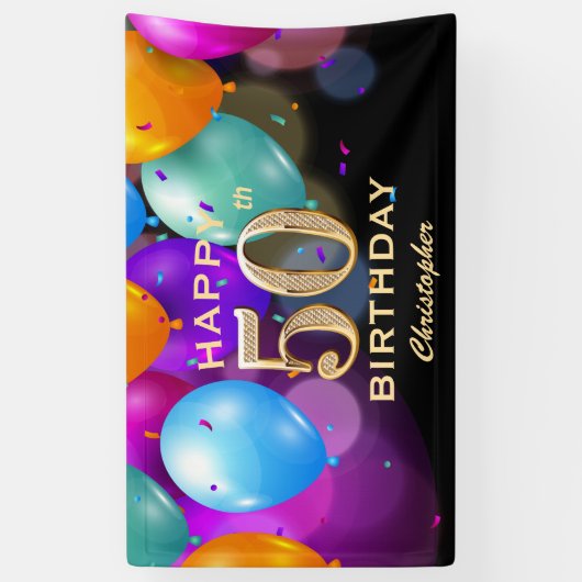 50e verjaardag Zwarte en gouden ballonnen Spandoek (Verticaal)