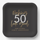 50e verjaardag zwarte en gouden eenvoudige elegant papieren bordje (Voorkant)